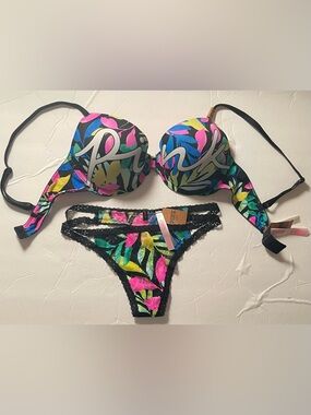 Victoria’s Secret PINK NWT Bra & Thong Set size 34C bra size XS thong colorful